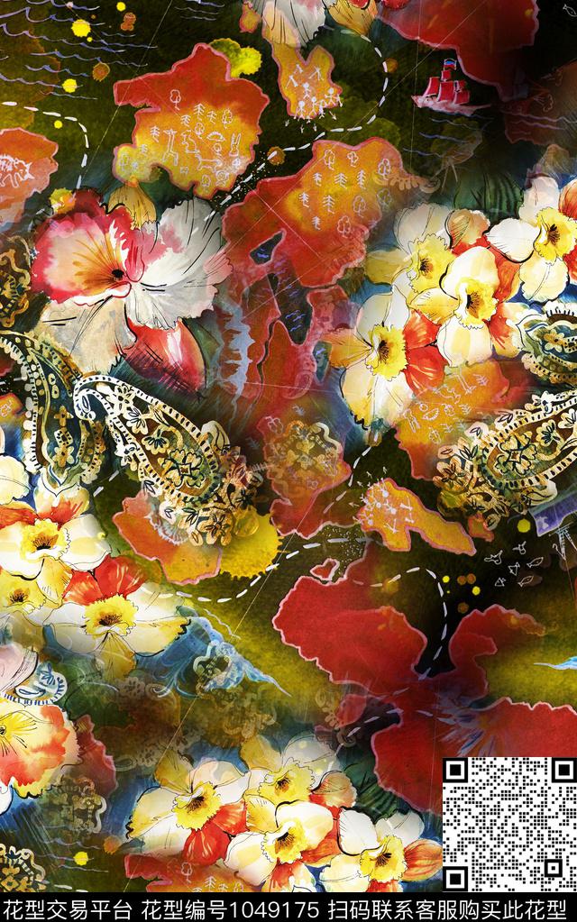 肌理水彩花卉水墨风数码印花华亿平台下载（图片编号: 1049175） - 瓦栏（Walan）