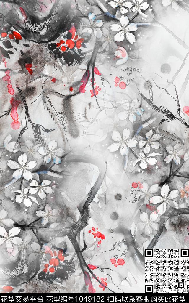 水墨风中国风水彩花卉数码印花华亿平台下载（图片编号: 1049182） - 瓦栏（Walan）