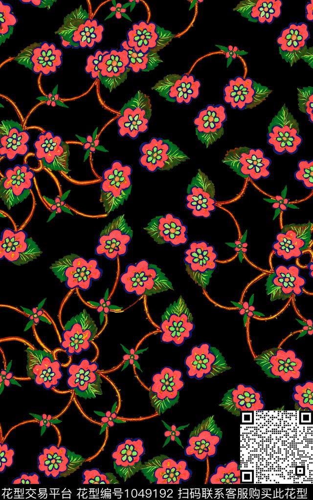 黑底花卉小碎花花卉数码印花华亿平台下载（图片编号: 1049192） - 瓦栏（Walan）