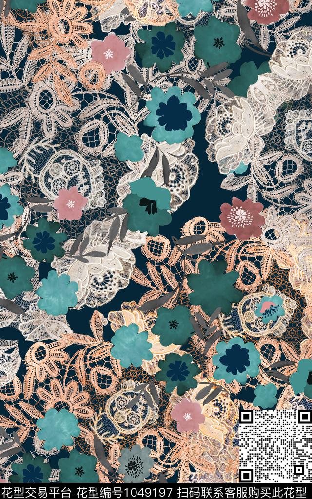 花卉网布蕾丝手绘花卉数码印花华亿平台下载（图片编号: 1049197） - 瓦栏（Walan）
