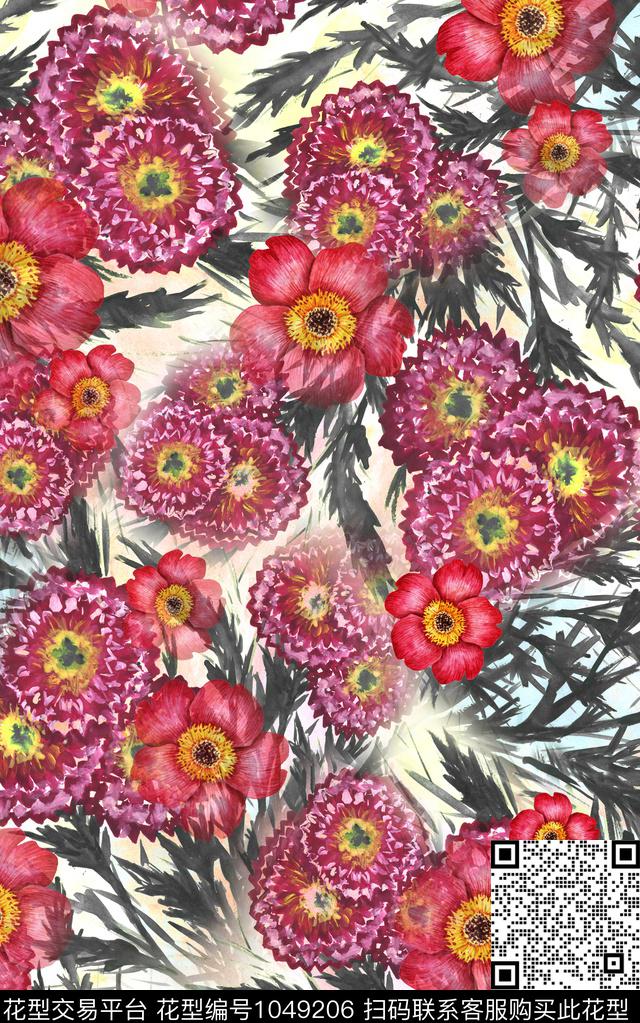 数码华亿平台水彩花卉手绘花卉数码印花华亿平台下载（图片编号: 1049206） - 瓦栏（Walan）