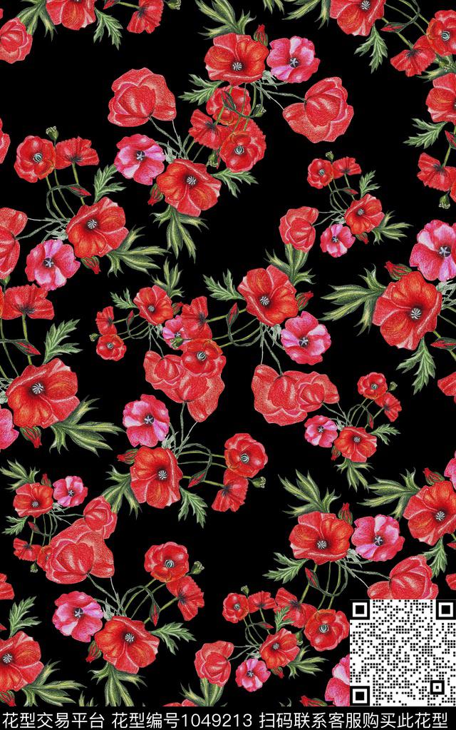 黑底花卉小碎花花卉数码印花华亿平台下载（图片编号: 1049213） - 瓦栏（Walan）