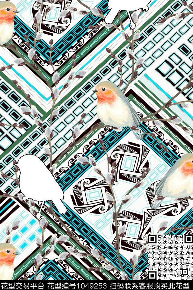 抽象几何水彩花鸟数码印花华亿平台下载（图片编号: 1049253） - 瓦栏（Walan）
