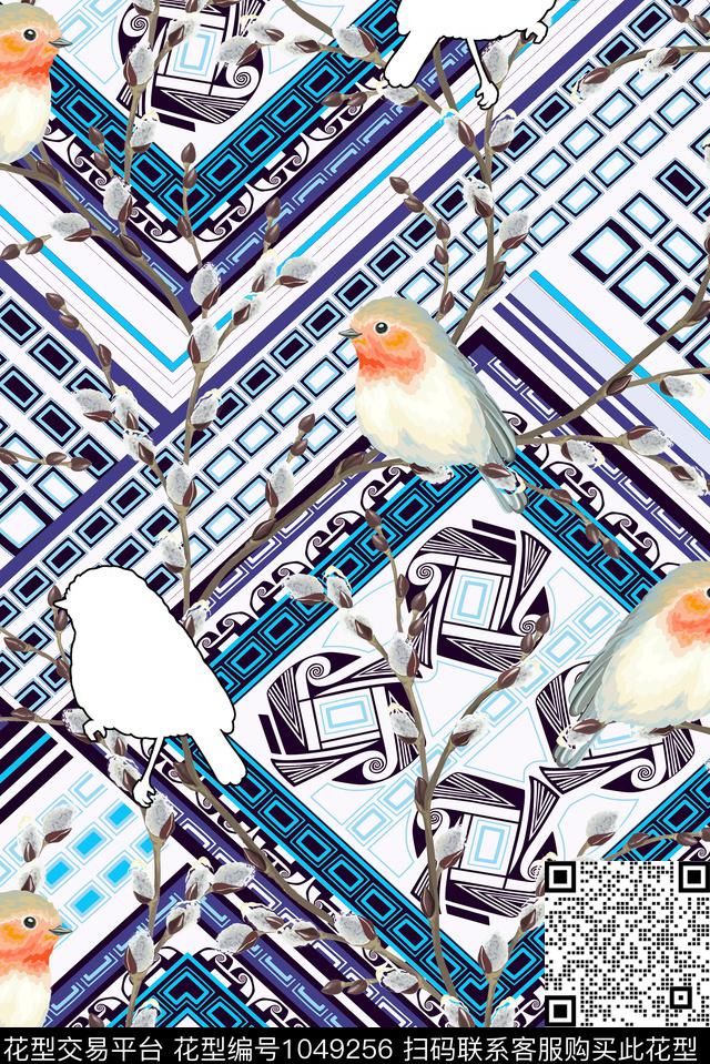 抽象几何水彩花鸟数码印花华亿平台下载（图片编号: 1049256） - 瓦栏（Walan）