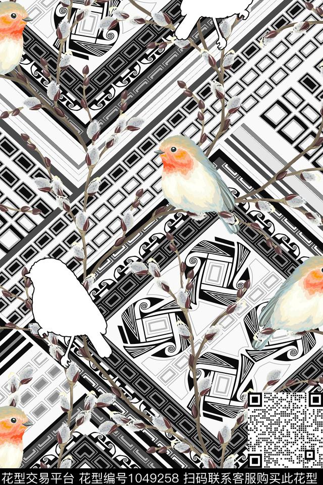 抽象几何水彩花鸟数码印花华亿平台下载（图片编号: 1049258） - 瓦栏（Walan）