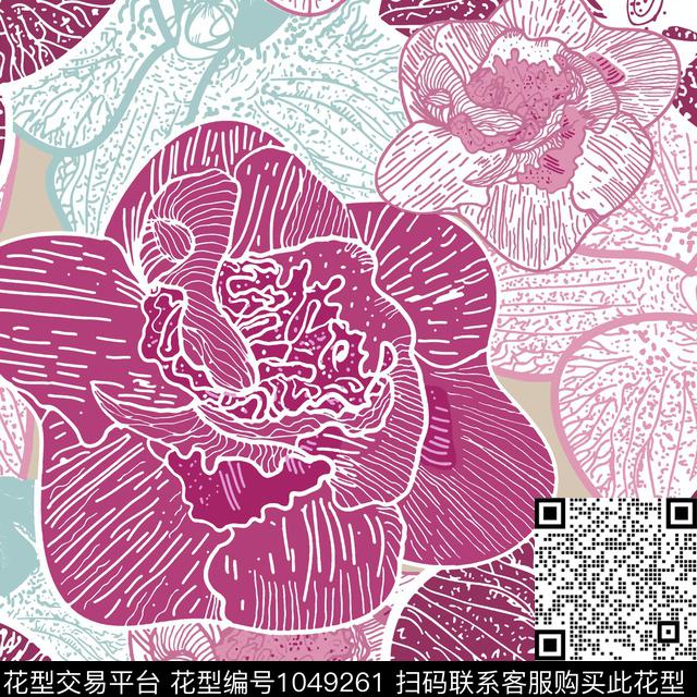 数码华亿平台手绘花卉牡丹数码印花华亿平台下载（图片编号: 1049261） - 瓦栏（Walan）