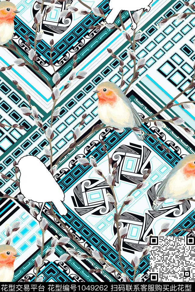 抽象几何水彩花鸟数码印花华亿平台下载（图片编号: 1049262） - 瓦栏（Walan）