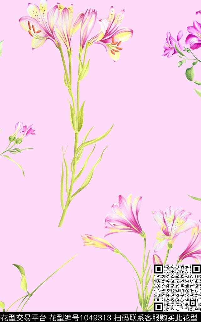 手绘花卉摆拍清爽底花卉传统印花华亿平台下载（图片编号: 1049313） - 瓦栏（Walan）