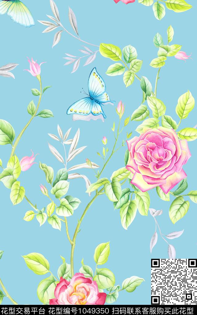 手绘玫瑰彩底花卉清爽底花卉数码印花华亿平台下载（图片编号: 1049350） - 瓦栏（Walan）
