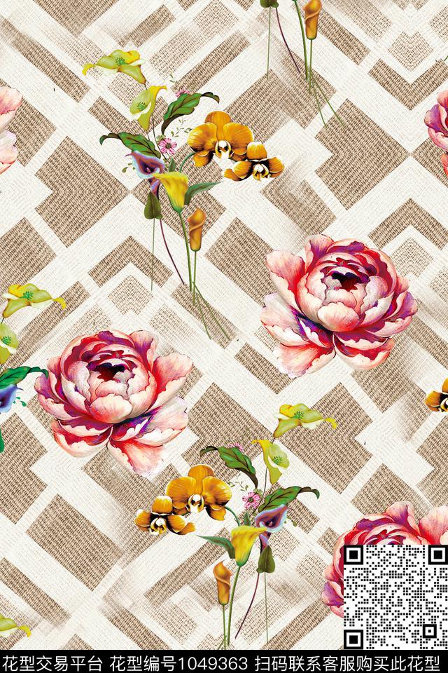 条纹数码华亿平台水彩花卉数码印花华亿平台下载（图片编号: 1049363） - 瓦栏（Walan）