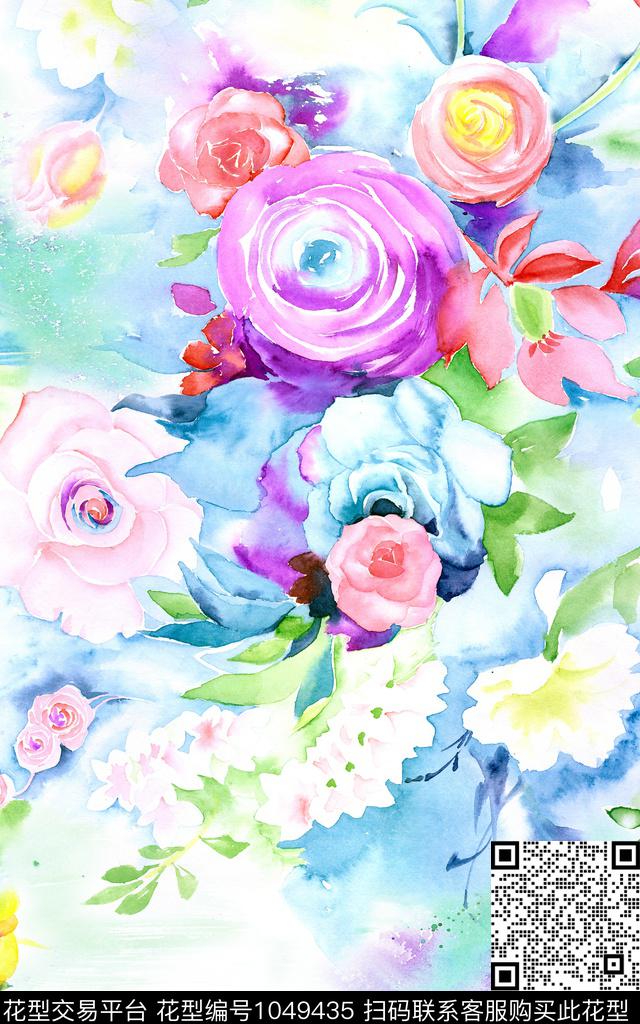 抽象水彩花卉年轻女性数码印花华亿平台下载（图片编号: 1049435） - 瓦栏（Walan）