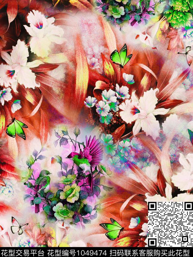 数码华亿平台花卉蝴蝶花鸟数码印花华亿平台下载（图片编号: 1049474） - 瓦栏（Walan）