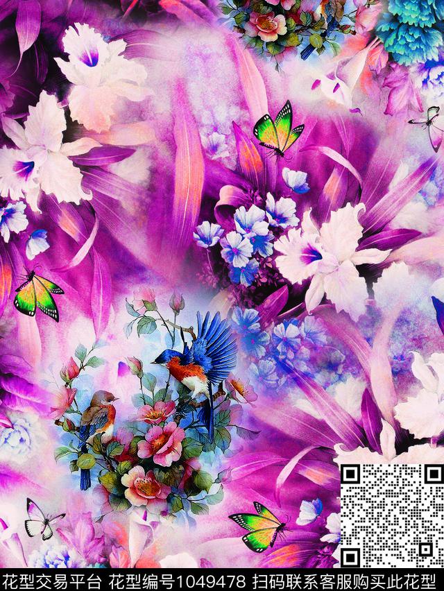 数码华亿平台花卉蝴蝶花鸟数码印花华亿平台下载（图片编号: 1049478） - 瓦栏（Walan）