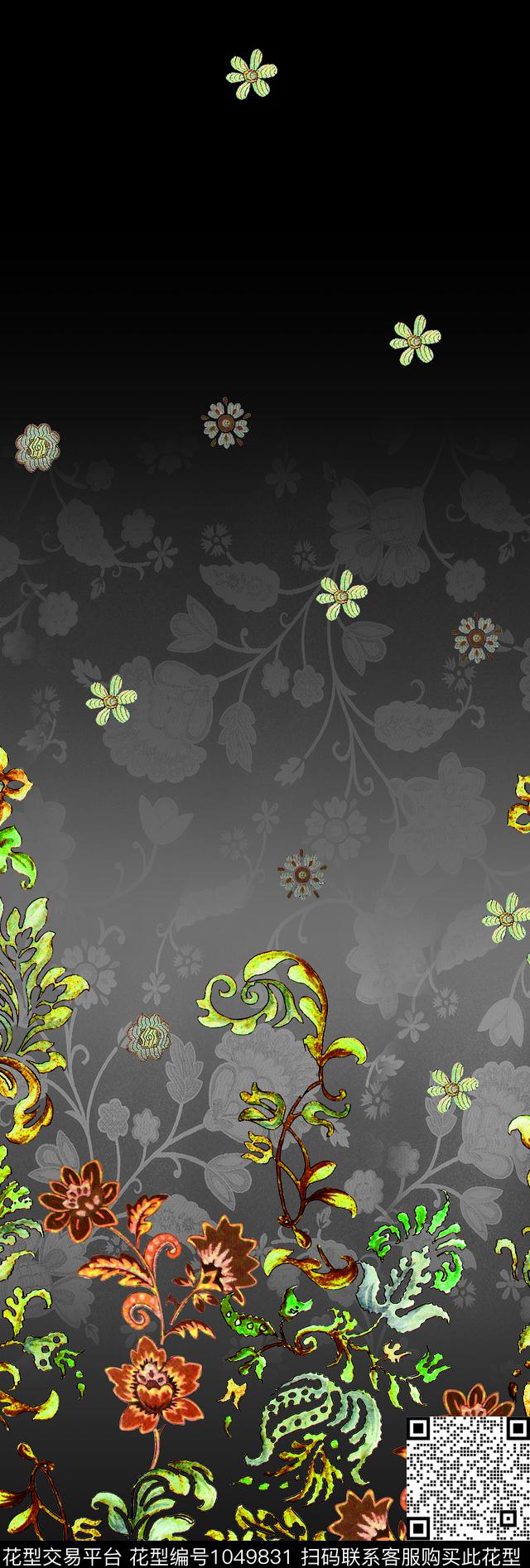黑底花卉古典花纹欧式定位花数码印花华亿平台下载（图片编号: 1049831） - 瓦栏（Walan）