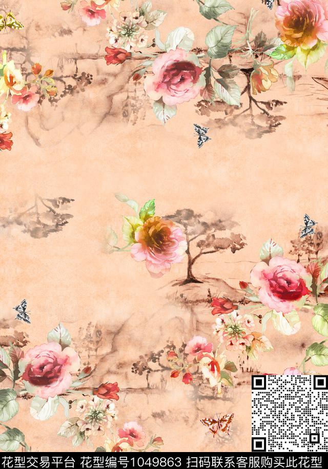 中国风水彩花卉笔触数码印花华亿平台下载（图片编号: 1049863） - 瓦栏（Walan）