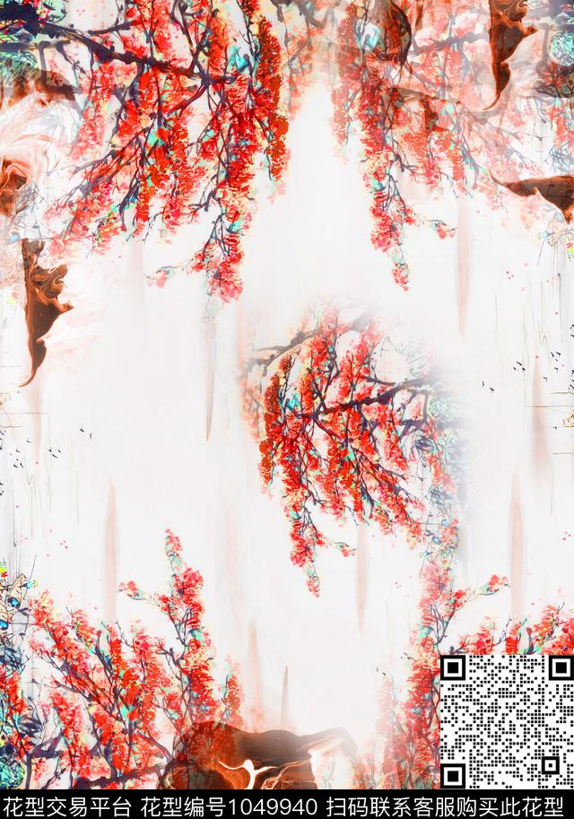 花卉中国风水彩花卉数码印花华亿平台下载（图片编号: 1049940） - 瓦栏（Walan）