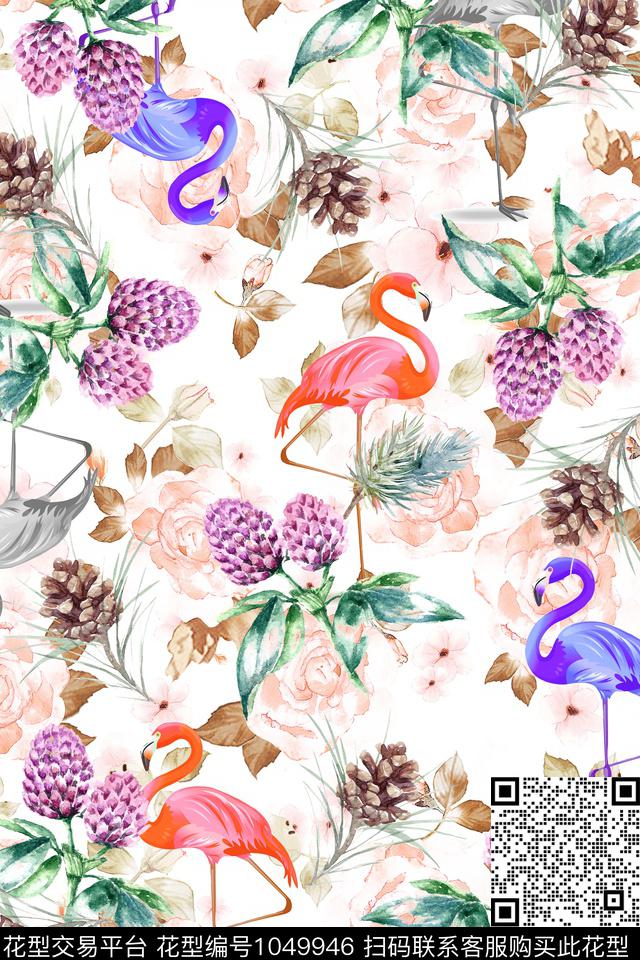 火烈鸟玫瑰花桑果数码印花华亿平台下载（图片编号: 1049946） - 瓦栏（Walan）