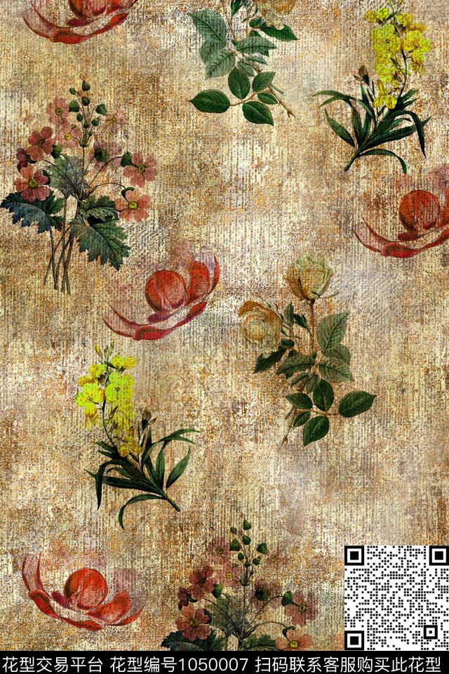 数码华亿平台素雅水彩花卉数码印花华亿平台下载（图片编号: 1050007） - 瓦栏（Walan）
