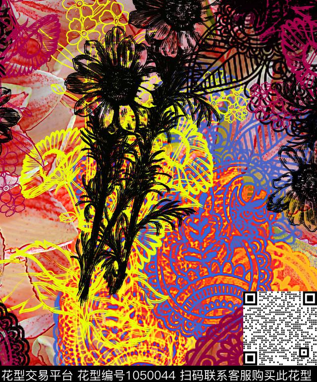 线条抽象花卉数码印花华亿平台下载（图片编号: 1050044） - 瓦栏（Walan）