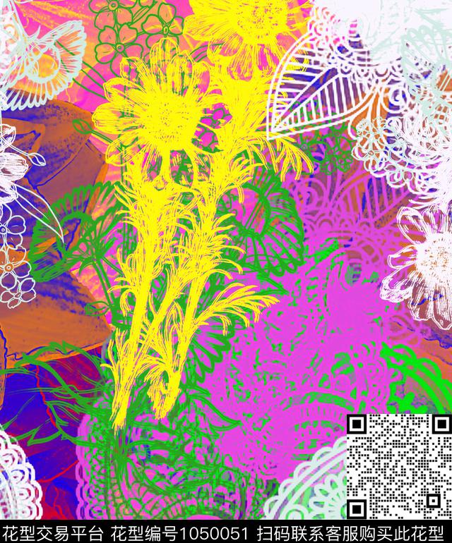 线条抽象花卉数码印花华亿平台下载（图片编号: 1050051） - 瓦栏（Walan）