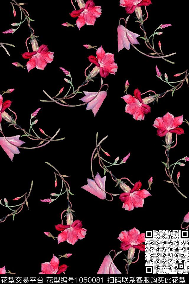 黑底花卉女装牵牛花数码印花华亿平台下载（图片编号: 1050081） - 瓦栏（Walan）