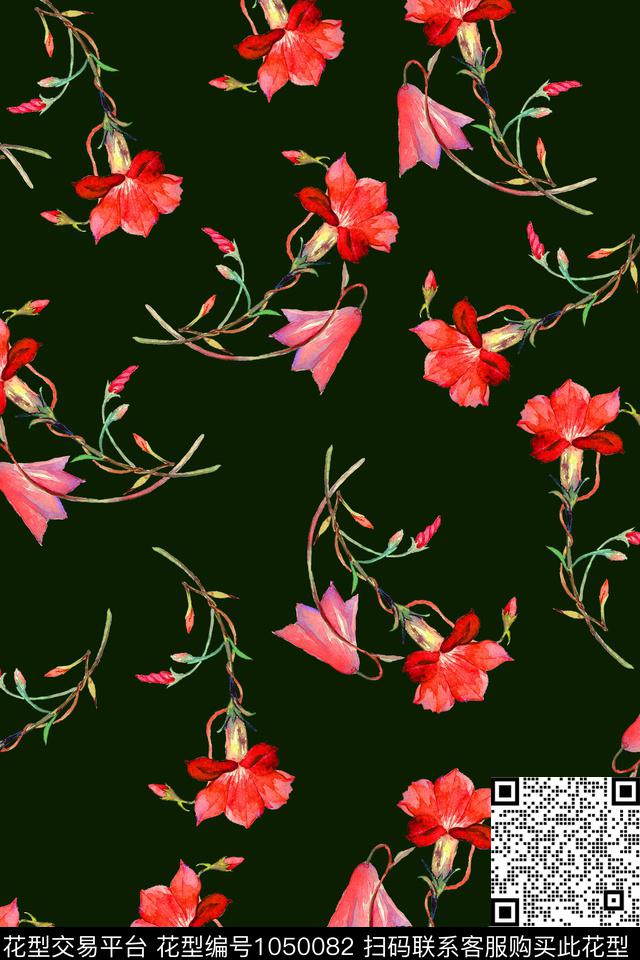 黑底花卉女装牵牛花数码印花华亿平台下载（图片编号: 1050082） - 瓦栏（Walan）