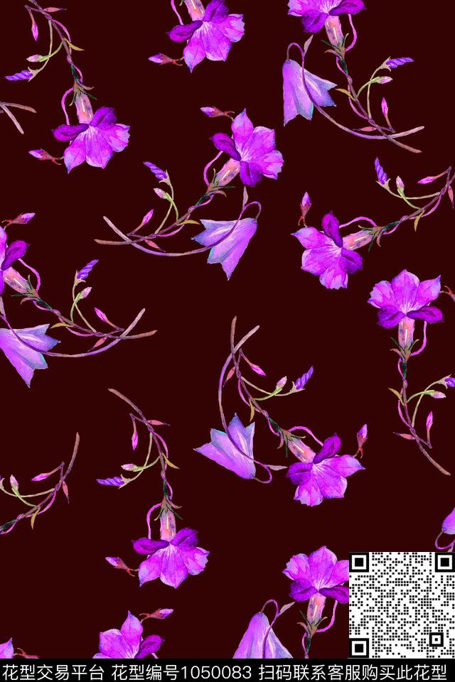 黑底花卉女装牵牛花数码印花华亿平台下载（图片编号: 1050083） - 瓦栏（Walan）