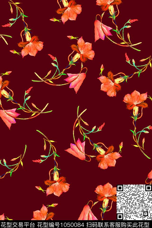 黑底花卉女装牵牛花数码印花华亿平台下载（图片编号: 1050084） - 瓦栏（Walan）