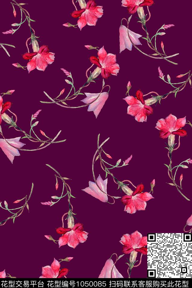 黑底花卉女装牵牛花数码印花华亿平台下载（图片编号: 1050085） - 瓦栏（Walan）