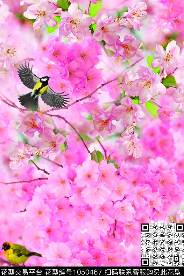 桃花粉色鸟数码印花华亿平台下载（图片编号: 1050467） - 瓦栏（Walan）