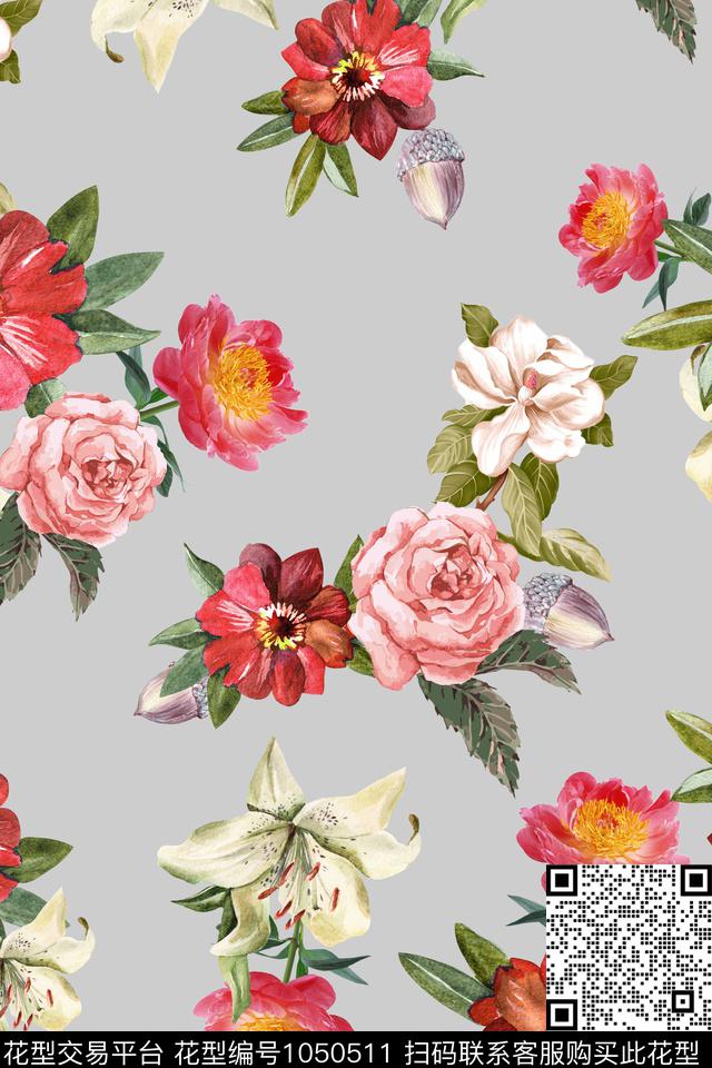 植物花卉手绘花卉数码印花华亿平台下载（图片编号: 1050511） - 瓦栏（Walan）