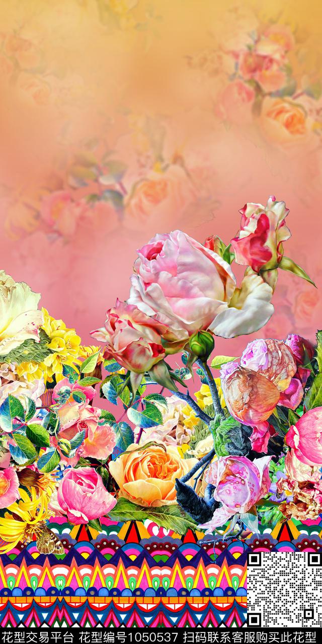 大花年轻女性定位花数码印花华亿平台下载（图片编号: 1050537） - 瓦栏（Walan）