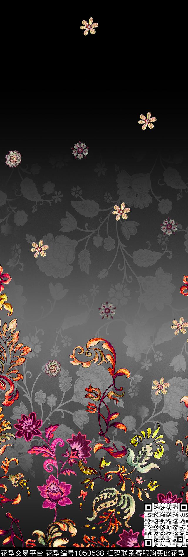 黑底花卉古典花纹欧式定位花数码印花华亿平台下载（图片编号: 1050538） - 瓦栏（Walan）