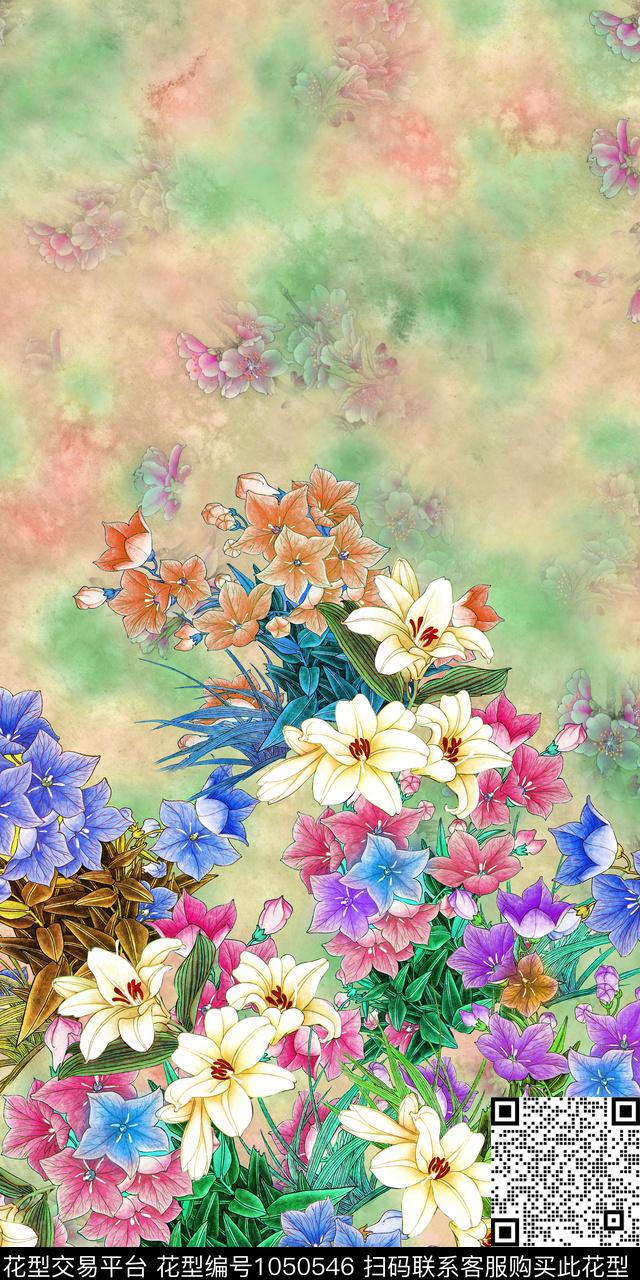 花卉中国风水彩花卉数码印花华亿平台下载（图片编号: 1050546） - 瓦栏（Walan）