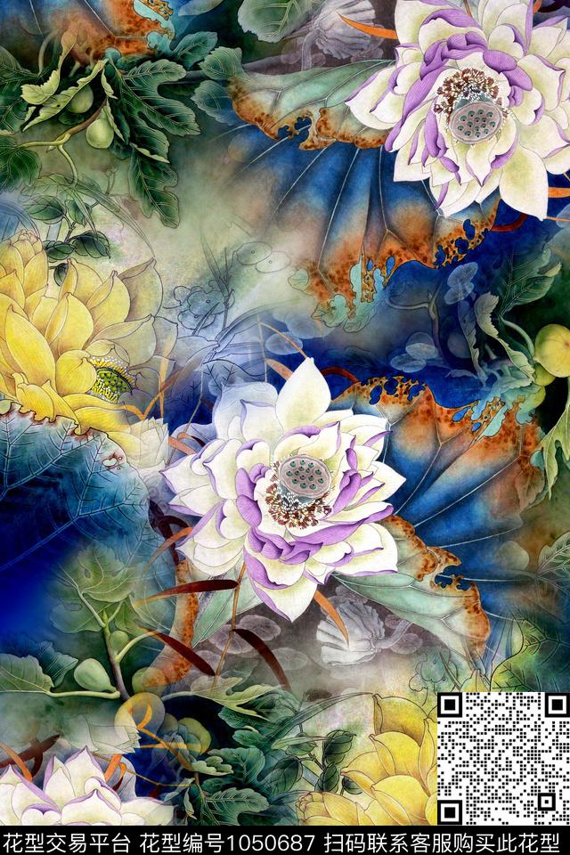 荷花中国风混合拼接数码印花华亿平台下载（图片编号: 1050687） - 瓦栏（Walan）