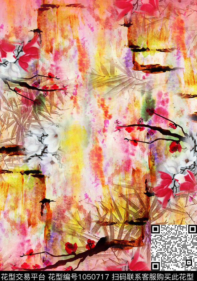中国风花卉水墨风数码印花华亿平台下载（图片编号: 1050717） - 瓦栏（Walan）