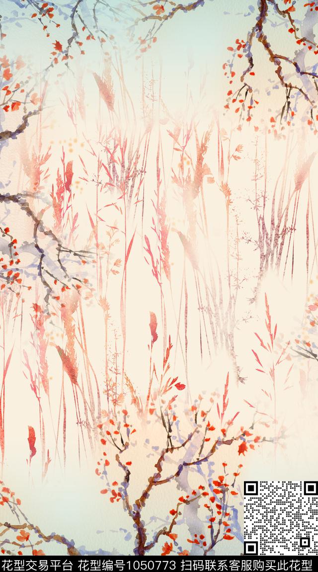 中国风水墨风笔触数码印花华亿平台下载（图片编号: 1050773） - 瓦栏（Walan）