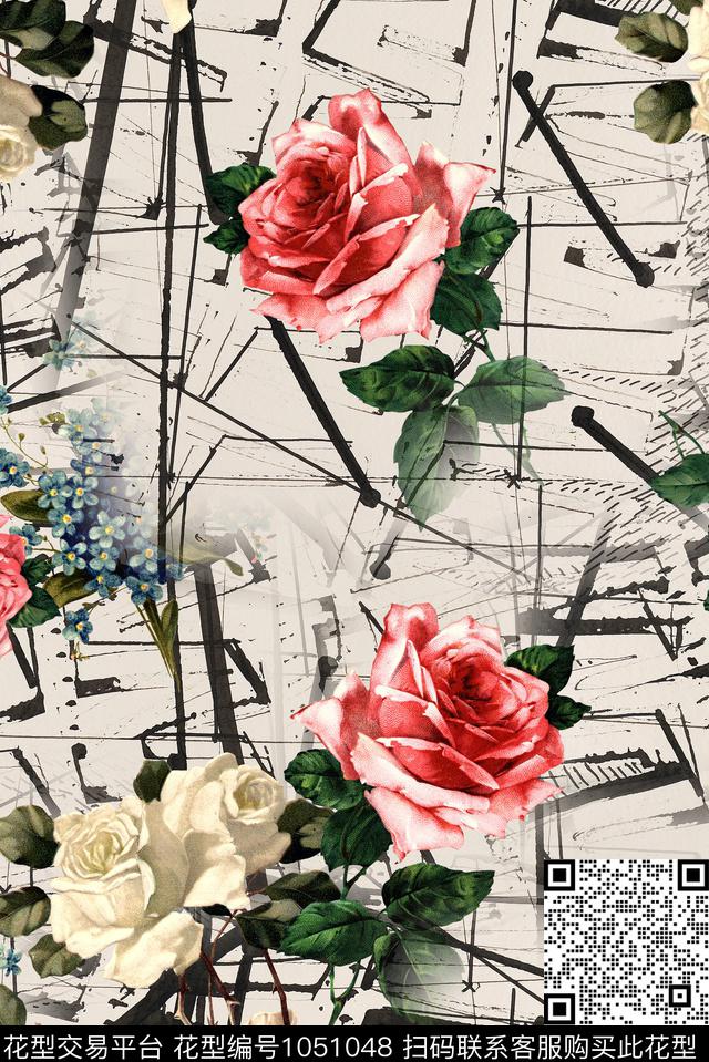 条纹手绘玫瑰春夏华亿平台数码印花华亿平台下载（图片编号: 1051048） - 瓦栏（Walan）