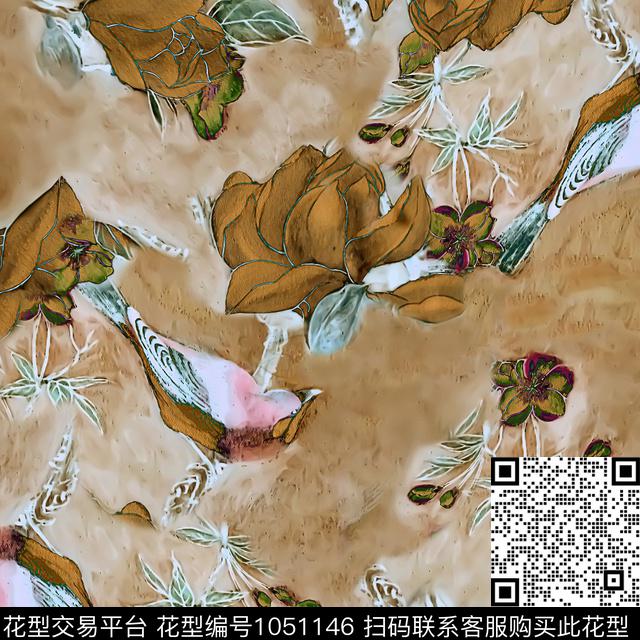 玉兰花手绘花卉女装数码印花华亿平台下载（图片编号: 1051146） - 瓦栏（Walan）