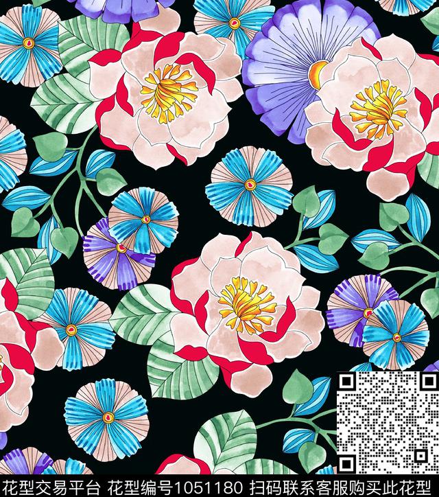 数码华亿平台黑底花卉花卉数码印花华亿平台下载（图片编号: 1051180） - 瓦栏（Walan）