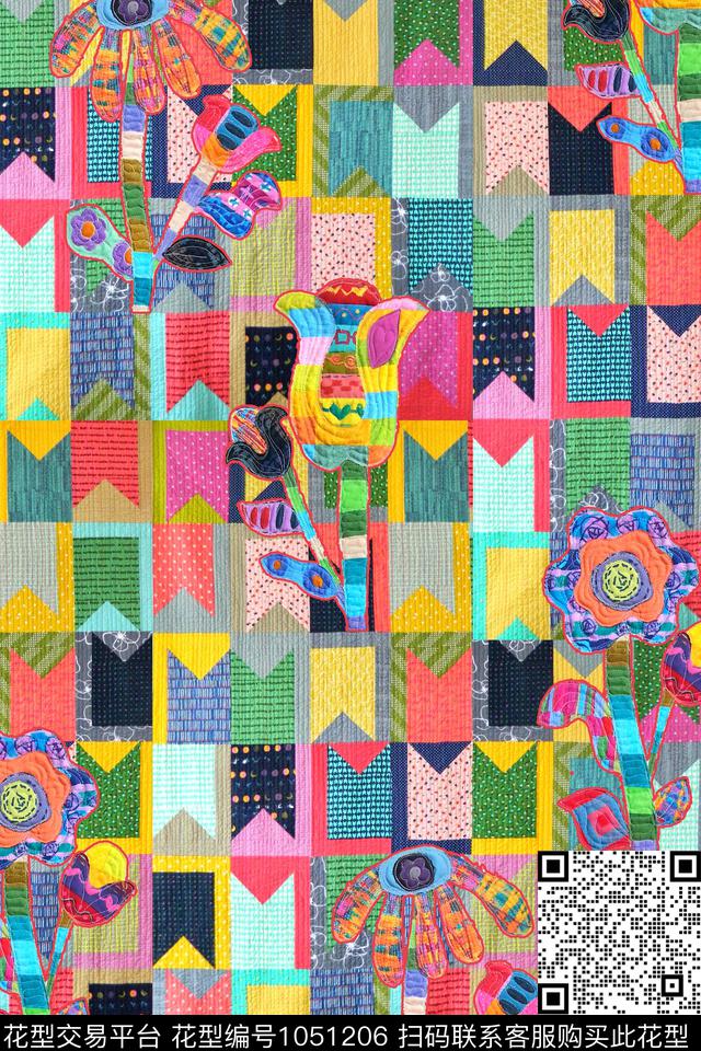 格子花卉几何数码印花华亿平台下载（图片编号: 1051206） - 瓦栏（Walan）