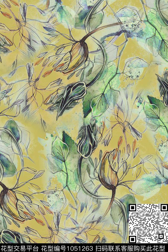 花卉清爽底花卉春夏华亿平台数码印花华亿平台下载（图片编号: 1051263） - 瓦栏（Walan）