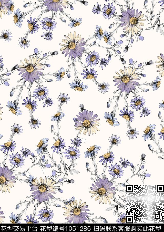 花卉满版散花清爽底花卉数码印花华亿平台下载（图片编号: 1051286） - 瓦栏（Walan）