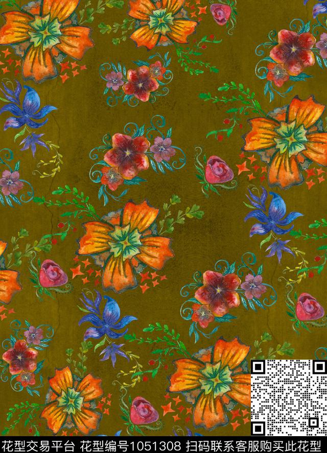 数码华亿平台花卉手绘花卉数码印花华亿平台下载（图片编号: 1051308） - 瓦栏（Walan）