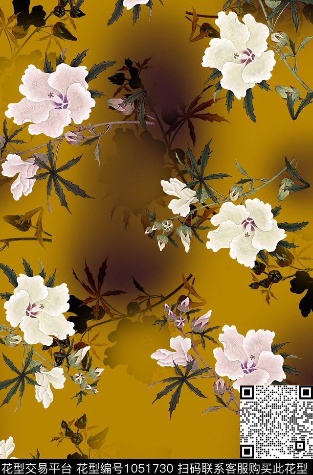 香云纱花卉工笔花卉数码印花华亿平台下载（图片编号: 1051730） - 瓦栏（Walan）