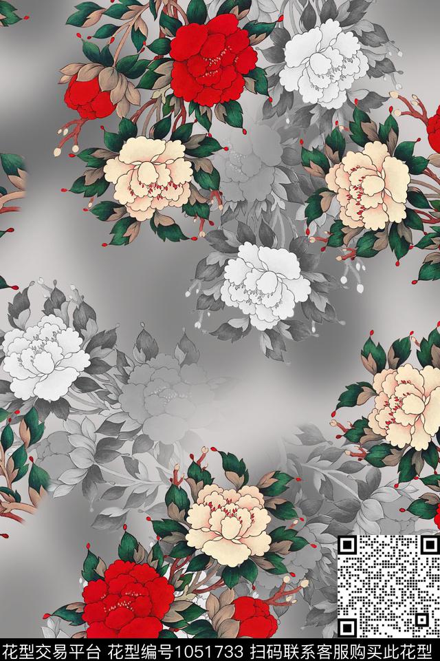 牡丹花卉中国风数码印花华亿平台下载（图片编号: 1051733） - 瓦栏（Walan）