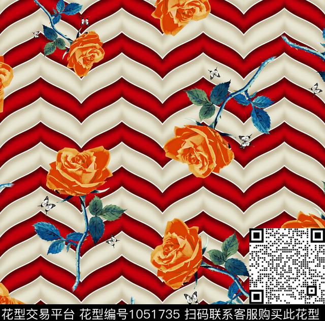 条纹花卉玫瑰花数码印花华亿平台下载（图片编号: 1051735） - 瓦栏（Walan）