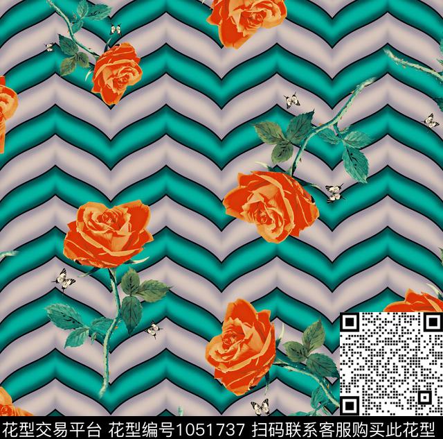条纹花卉玫瑰花数码印花华亿平台下载（图片编号: 1051737） - 瓦栏（Walan）