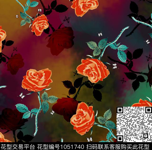 香云纱花卉玫瑰花数码印花华亿平台下载（图片编号: 1051740） - 瓦栏（Walan）