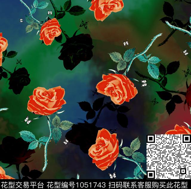 香云纱花卉玫瑰花数码印花华亿平台下载（图片编号: 1051743） - 瓦栏（Walan）